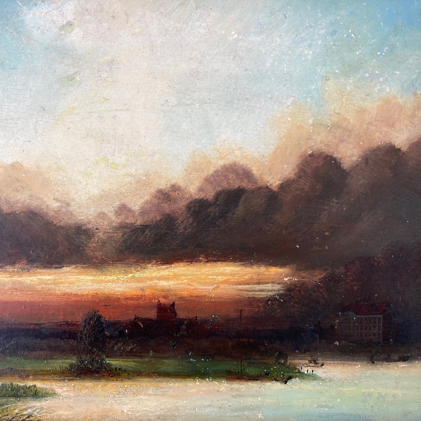 Twilight - Small Antique British Original Oil Painting of Worcester Cathedral