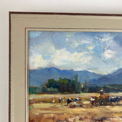 Harvest Time - Small Original Vintage Spanish Oil Painting of a Golden Landscape