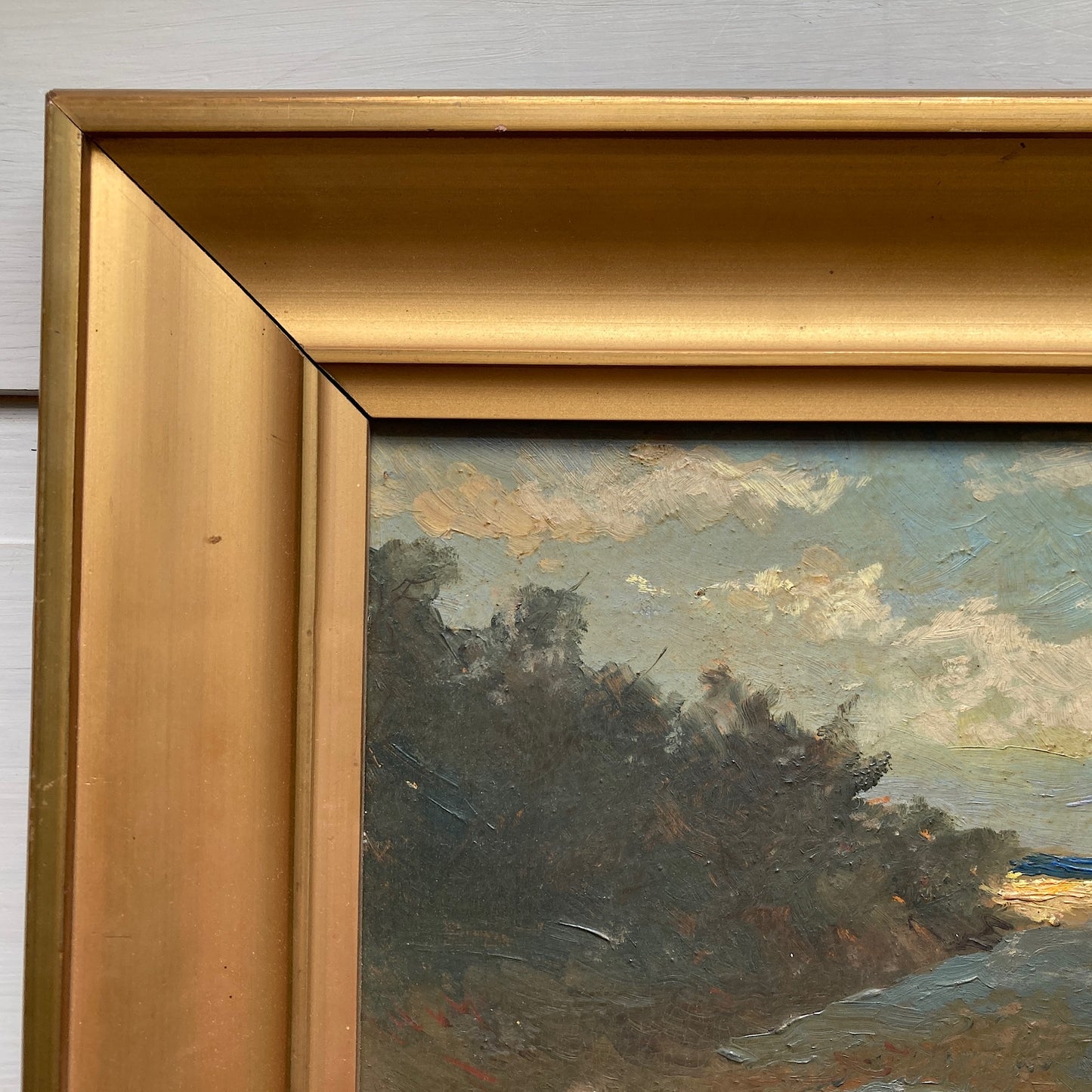 Sunlight on the Shore - Vintage Scandinavian Oil on Board Framed Painting of the Last Sun on a Beach Shoreline