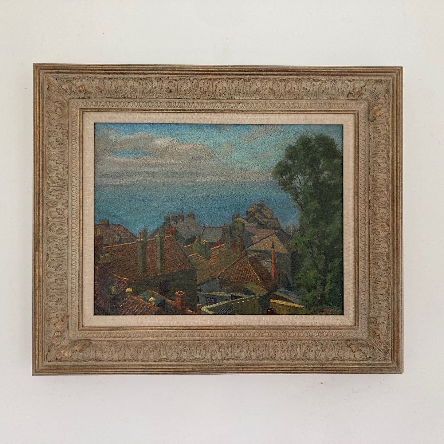 Rooftops to the Sea – British Vintage Oil on Board Framed Painting