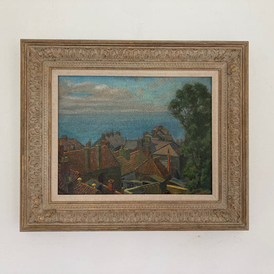 Rooftops to the Sea – British Vintage Oil on Board Framed Painting