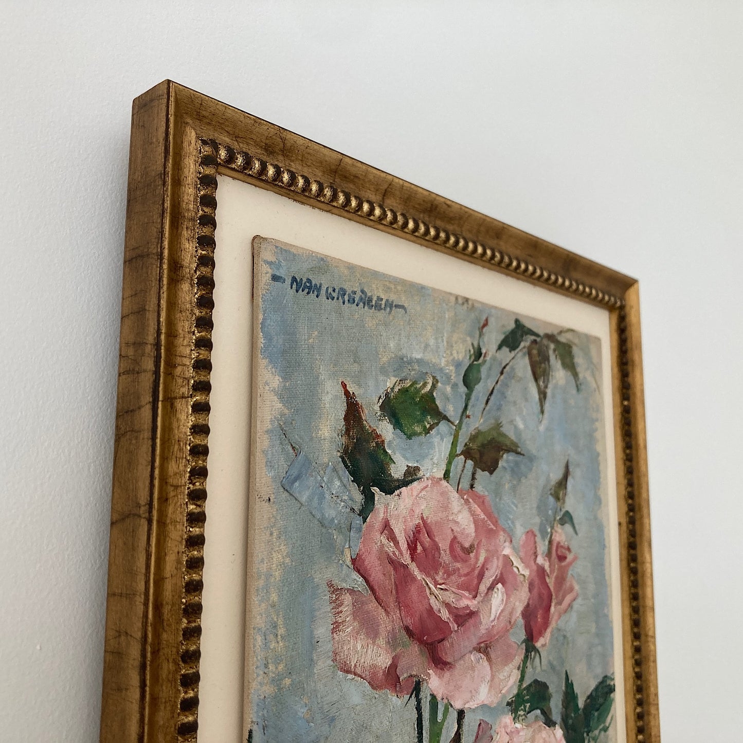 Roses Oil Painting by Nan Greacen – Impressionist Floral Still Life (Circa 1950)