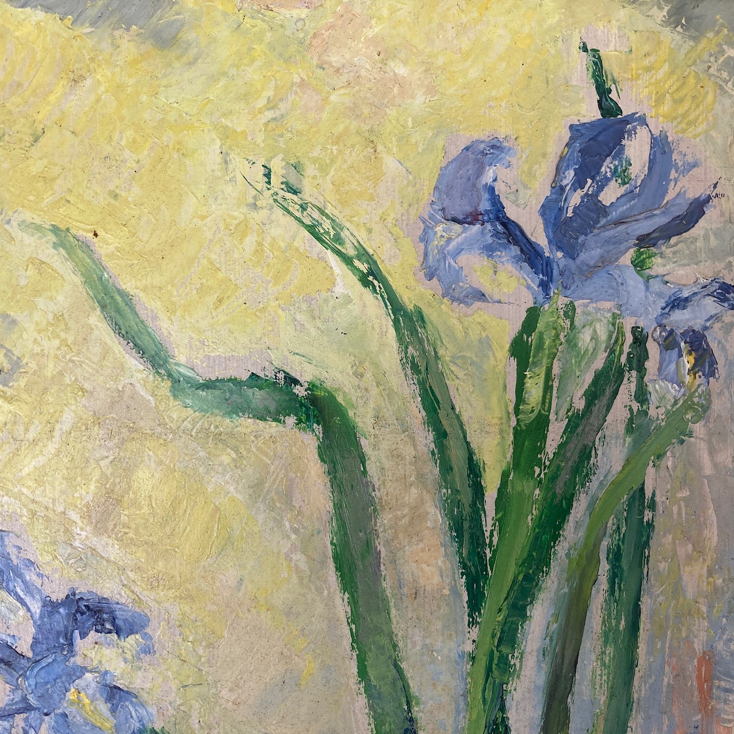 Impressionist Vintage Painting Oil on Board of Iris Flowers in a Still Life Composition Scandinavian Vintage Framed Original Art Dated 1940