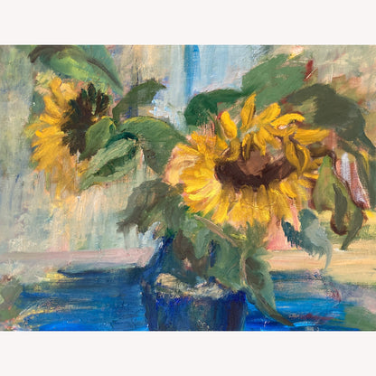 Sunflowers - Vintage European Original Still Life Oil Painting of Sunflowers in a Vase