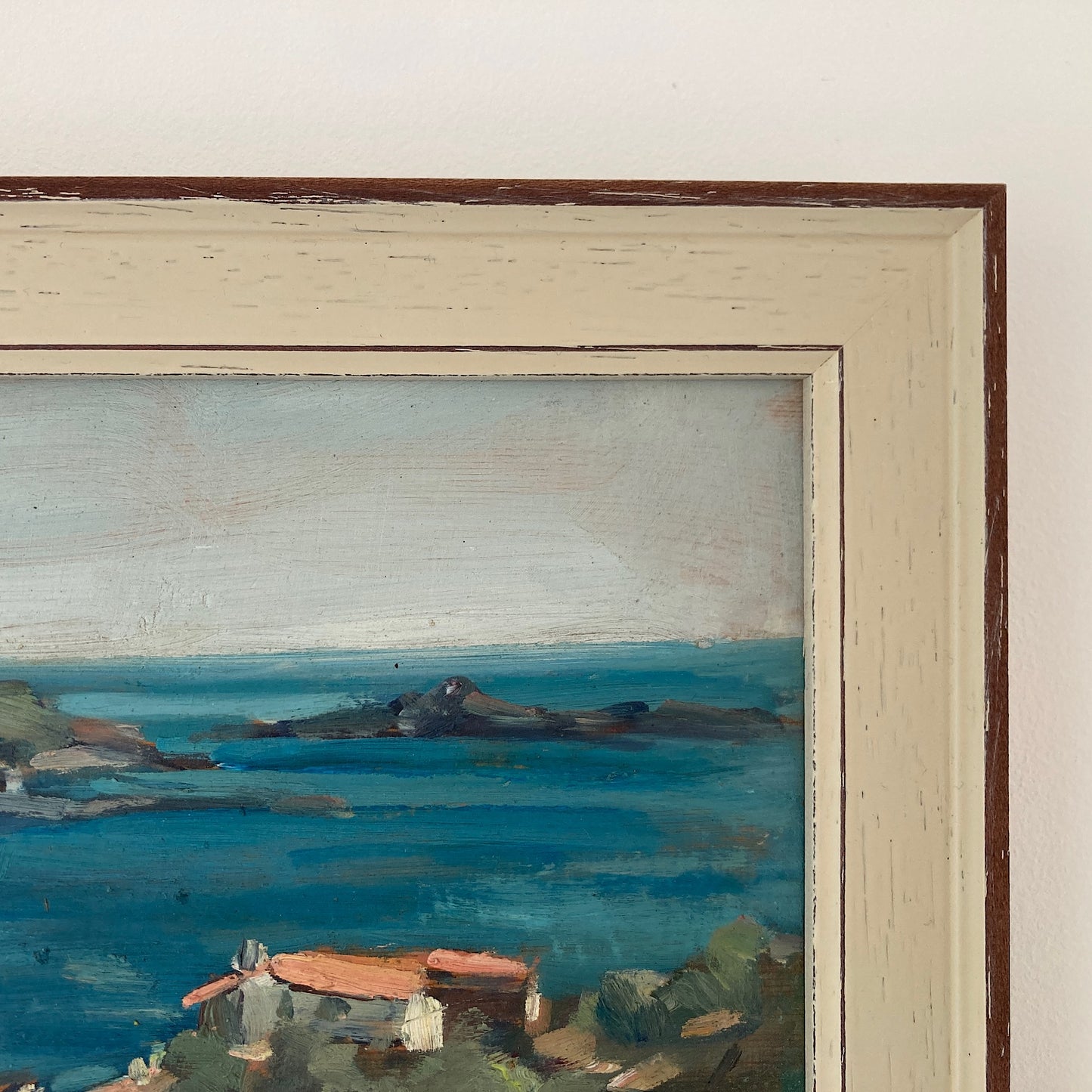 Mediterranean View - Small Original Vintage Spanish Oil Painting of a Bay