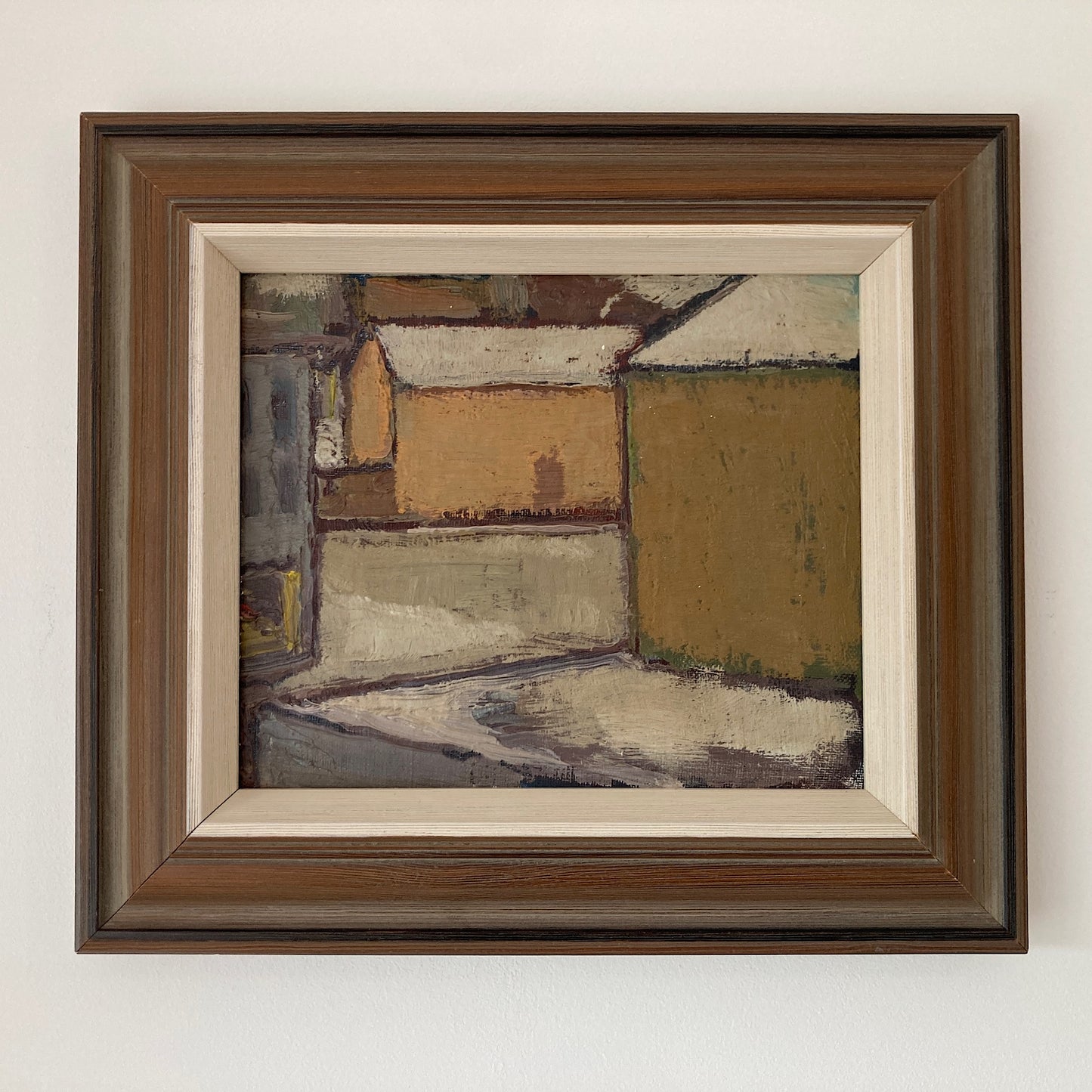 Mid Century Scandinavian Street View Oil Painting – Original Vintage Art