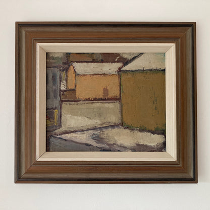 Mid Century Scandinavian Street View Oil Painting – Original Vintage Art