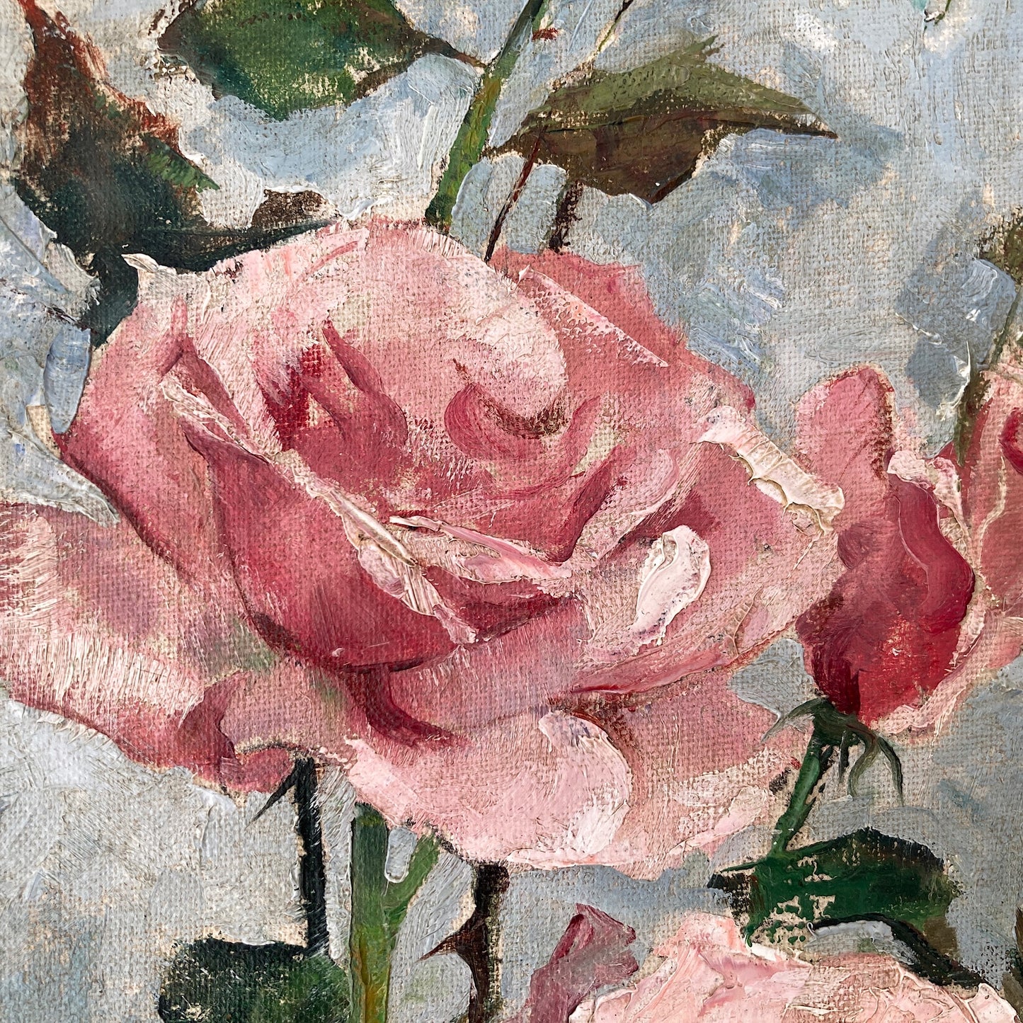 Roses Oil Painting by Nan Greacen – Impressionist Floral Still Life (Circa 1950)