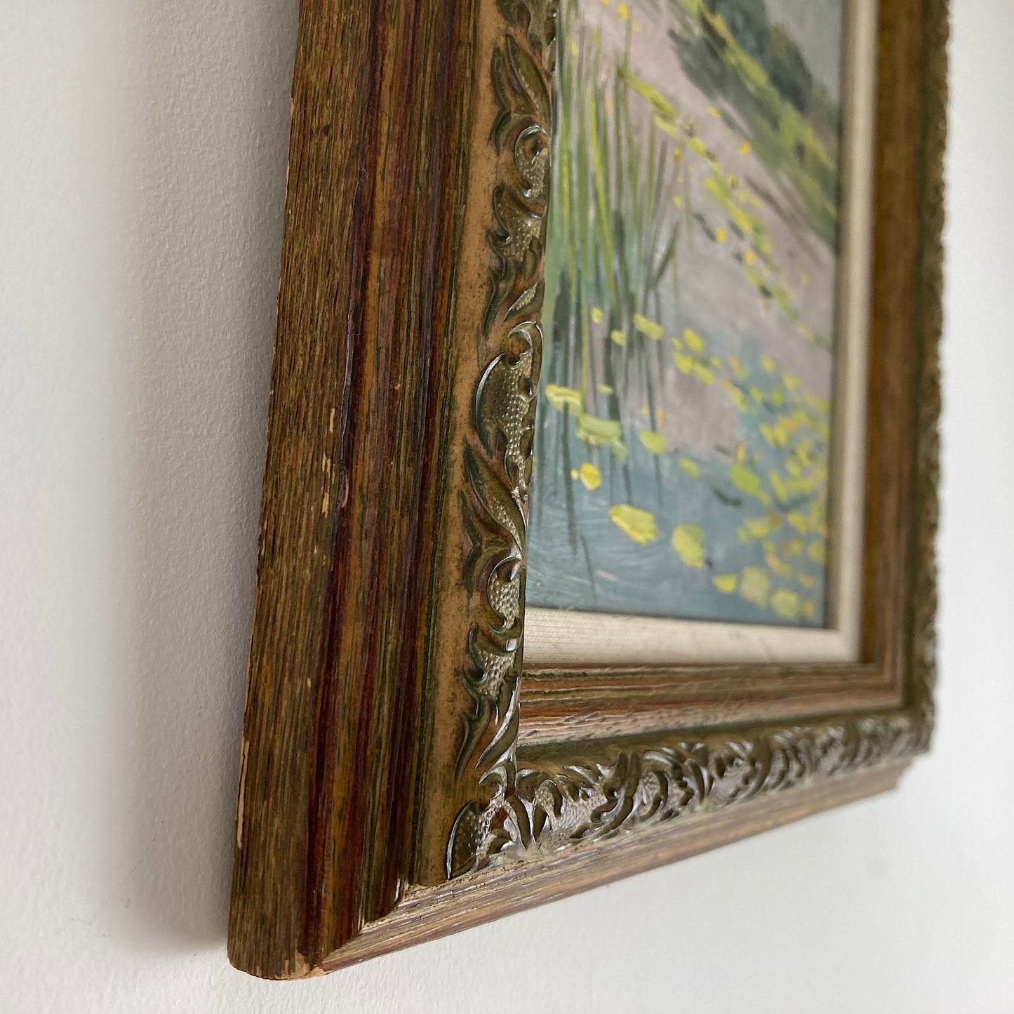 Waterlilies - Small Antique Original European Impressionist Oil Painting of a River Scene