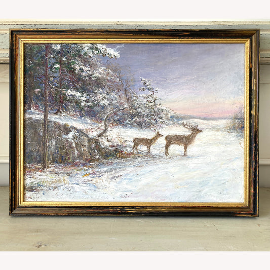 Deer in a Winter Landscape at Dusk - Vintage Scandinavian Winter Scene with Snow - Framed Original Vintage Art