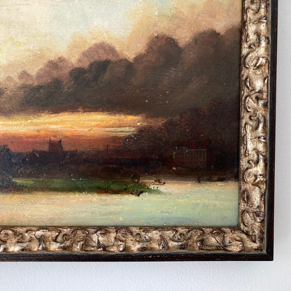 Twilight - Small Antique British Original Oil Painting of Worcester Cathedral