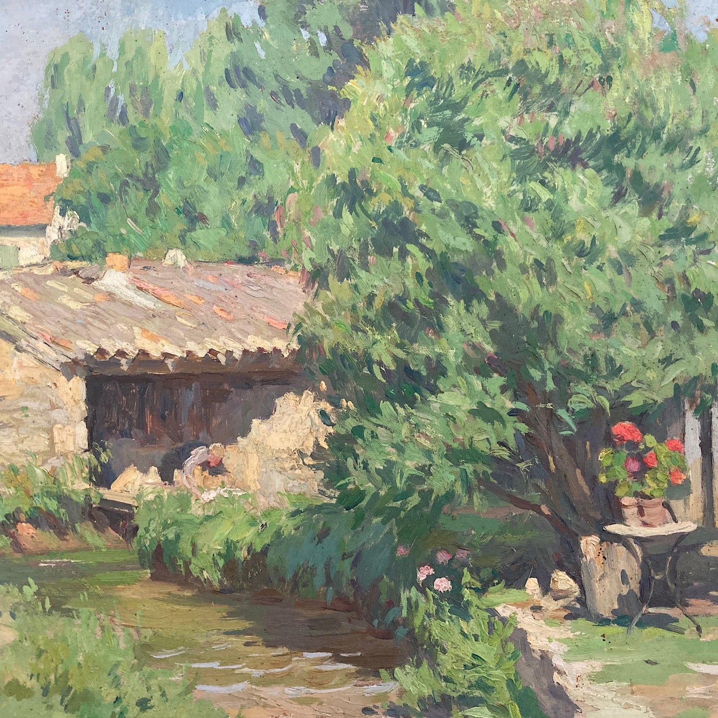 A Summer Garden in France - Medium Antique Original European Impressionist Oil Painting of a French Garden