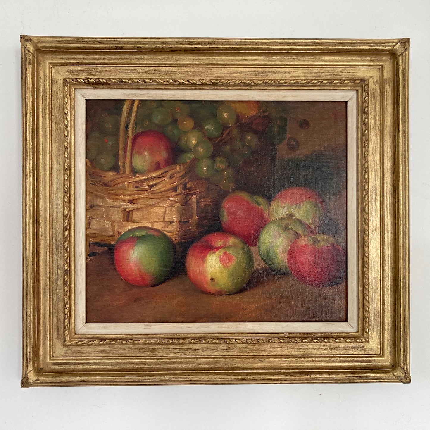 Apples Still Life - A French Original Antique Still Life Oil Painting of Apples and Grapes in a Basket - Framed Original Kitchen Art