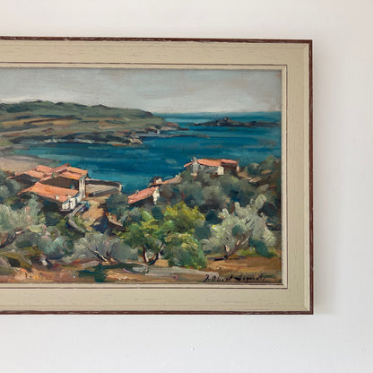Mediterranean View - Small Original Vintage Spanish Oil Painting of a Bay