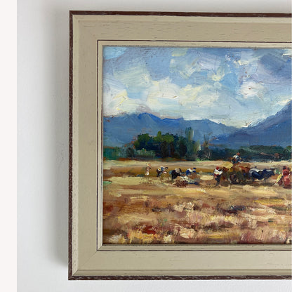 Harvest Time - Small Original Vintage Spanish Oil Painting of a Golden Landscape