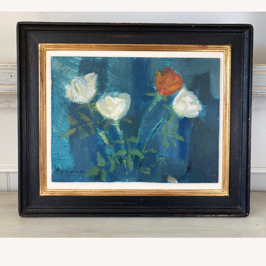 Roses - A Mid Century Oil on Board Study of Roses in the Impressionist Style - Scandinavian Vintage Framed Painting