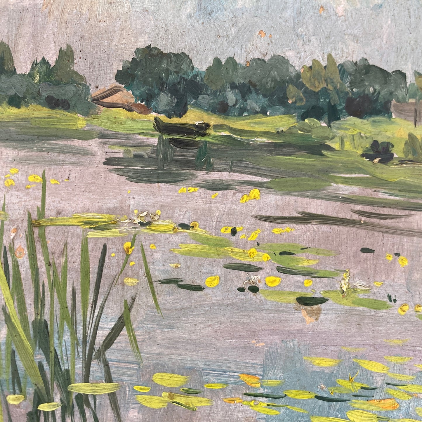 Waterlilies - Small Antique Original European Impressionist Oil Painting of a River Scene