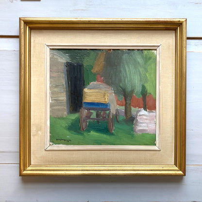 The Painted Cart - A MID CENTURY Oil on Board of a Summer Country Scene - Scandinavian Vintage Framed Painting