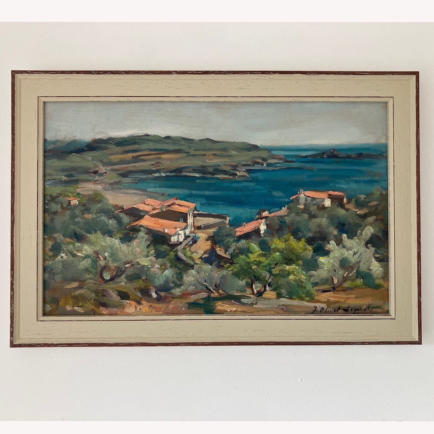 Mediterranean View - Small Original Vintage Spanish Oil Painting of a Bay