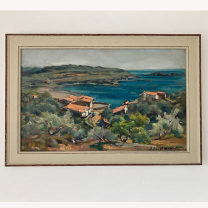 Mediterranean View - Small Original Vintage Spanish Oil Painting of a Bay