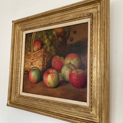 Apples Still Life - A French Original Antique Still Life Oil Painting of Apples and Grapes in a Basket - Framed Original Kitchen Art