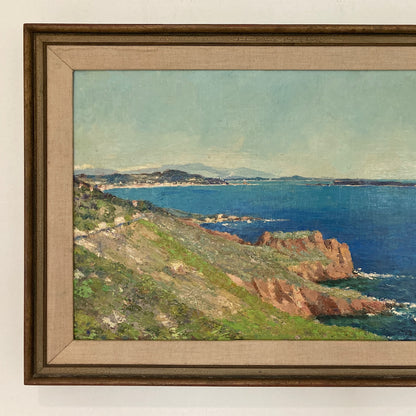 Cote d’Azure - Vintage Oil on Canvas Board Coastline Painting of the Cote d’Azure France Dated 1957