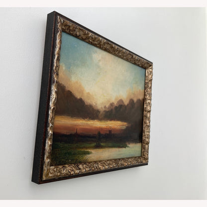 Twilight - Small Antique British Original Oil Painting of Worcester Cathedral