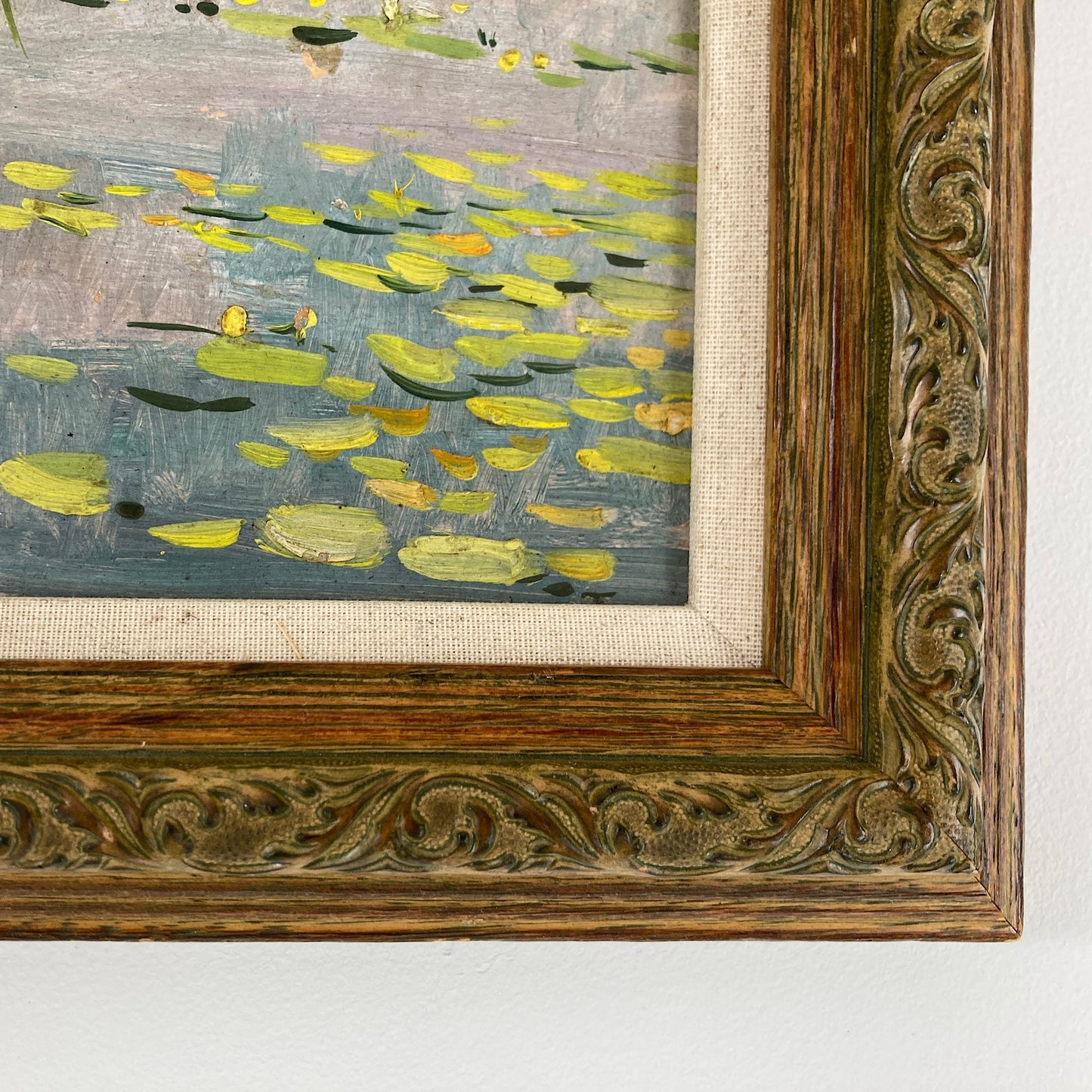 Waterlilies - Small Antique Original European Impressionist Oil Painting of a River Scene
