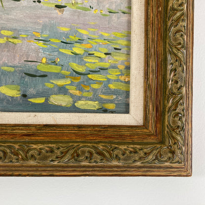 Waterlilies - Small Antique Original European Impressionist Oil Painting of a River Scene