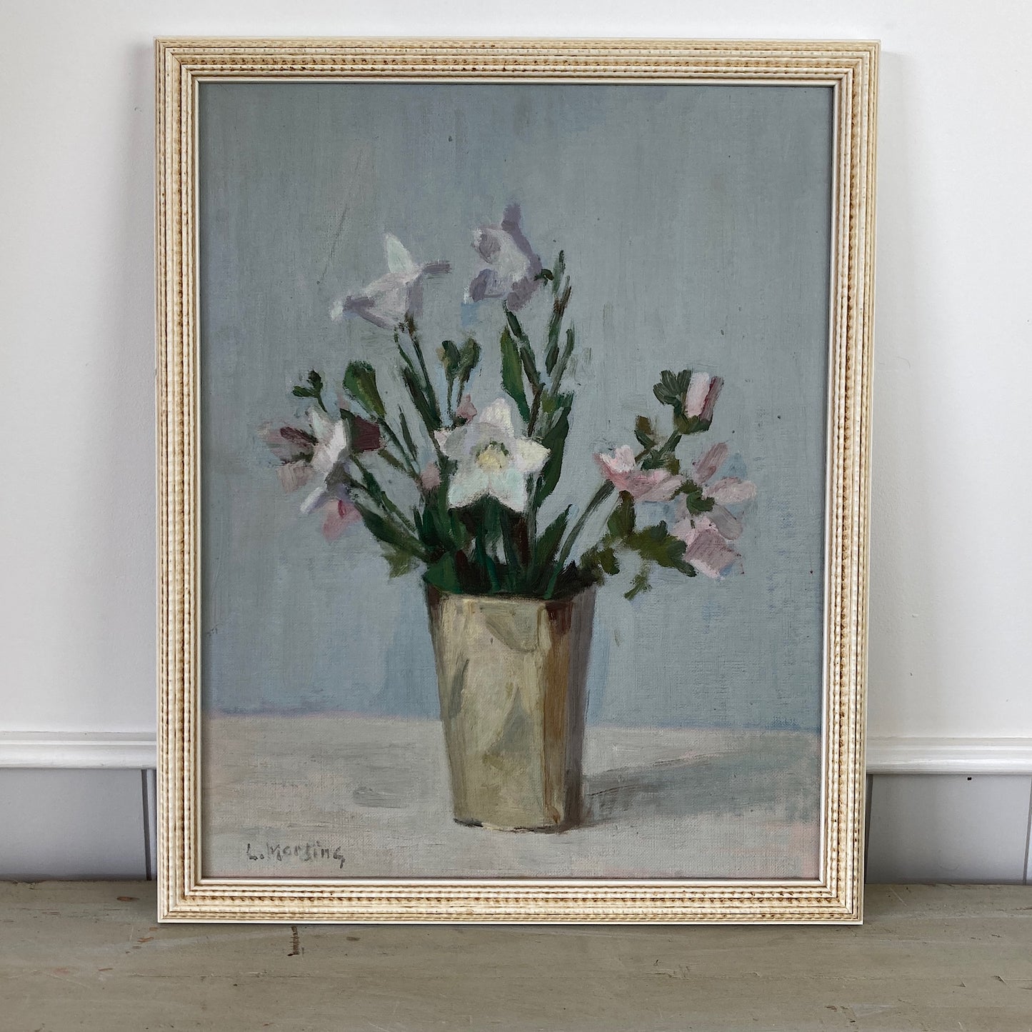 Campanula Flowers - Vintage Mid Century Modern Scandinavian Original Oil Painting by Leopold Morsing