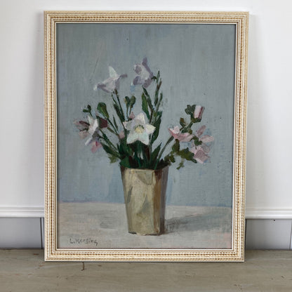 Campanula Flowers - Vintage Mid Century Modern Scandinavian Original Oil Painting by Leopold Morsing