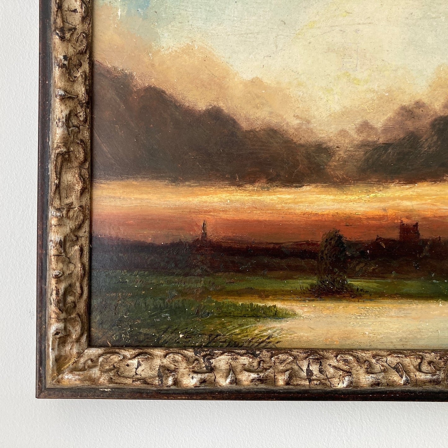 Twilight - Small Antique British Original Oil Painting of Worcester Cathedral