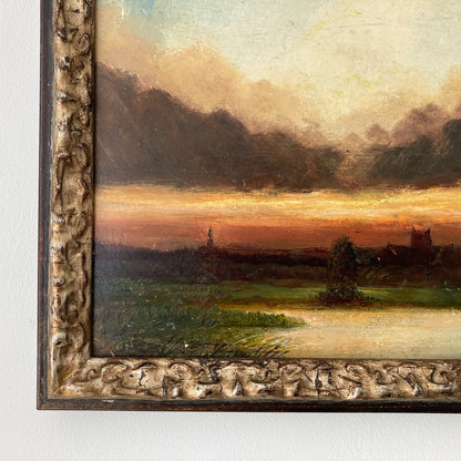 Twilight - Small Antique British Original Oil Painting of Worcester Cathedral