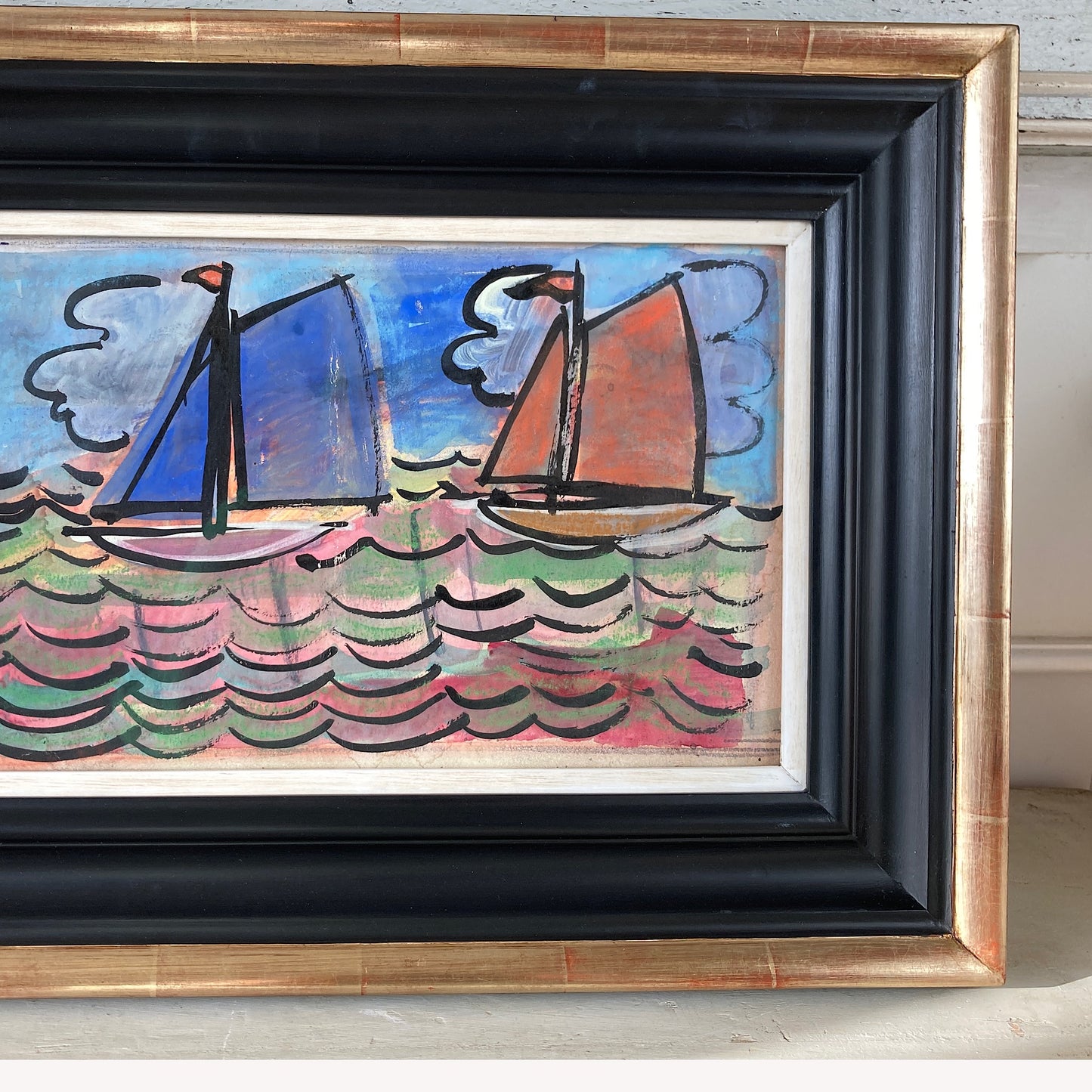 Three Sailboats - French School Mid Century Vintage Original Watercolour and Gouache Framed Painting