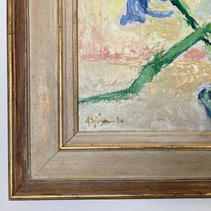 Impressionist Vintage Painting Oil on Board of Iris Flowers in a Still Life Composition Scandinavian Vintage Framed Original Art Dated 1940