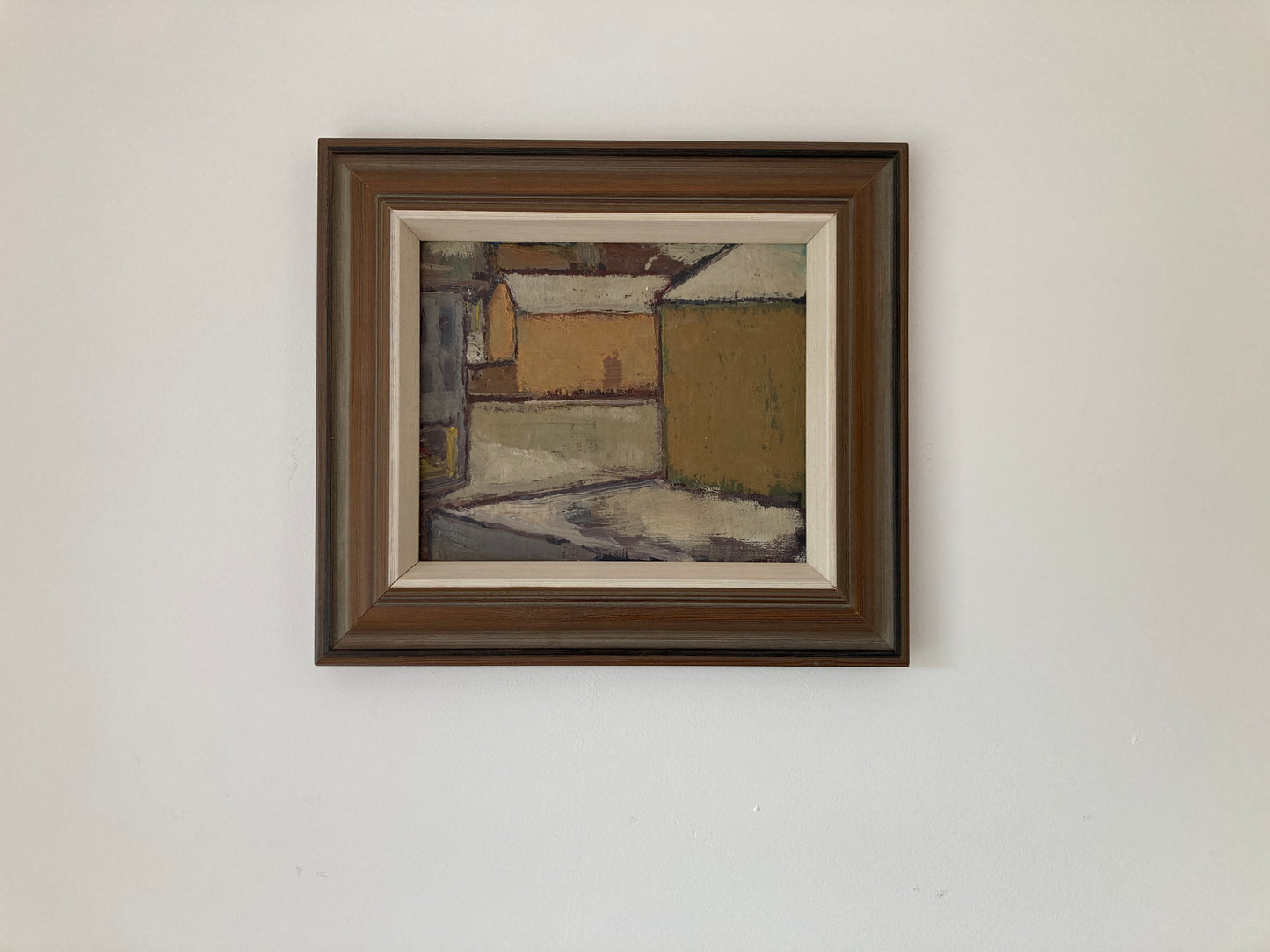 Mid Century Scandinavian Street View Oil Painting – Original Vintage Art