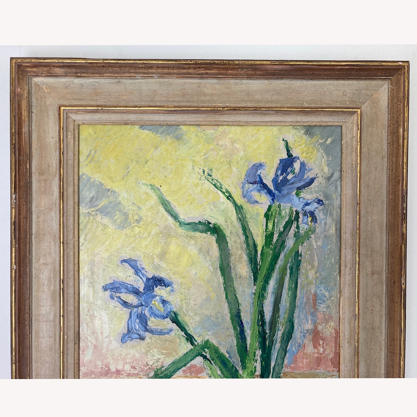 Impressionist Vintage Painting Oil on Board of Iris Flowers in a Still Life Composition Scandinavian Vintage Framed Original Art Dated 1940