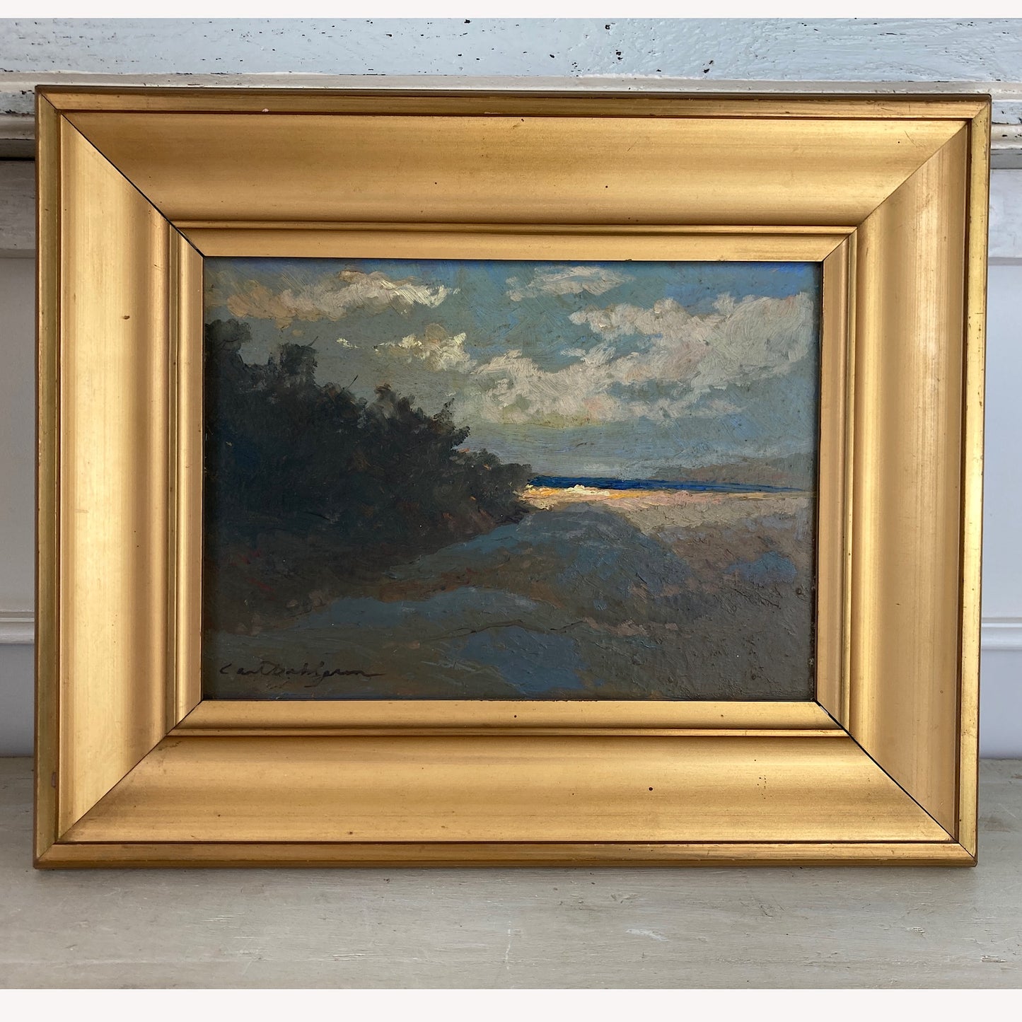 Sunlight on the Shore - Vintage Scandinavian Oil on Board Framed Painting of the Last Sun on a Beach Shoreline