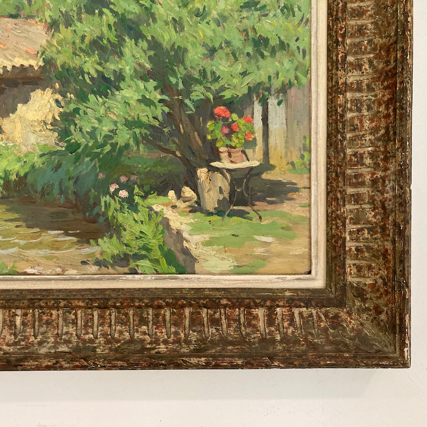 A Summer Garden in France - Medium Antique Original European Impressionist Oil Painting of a French Garden