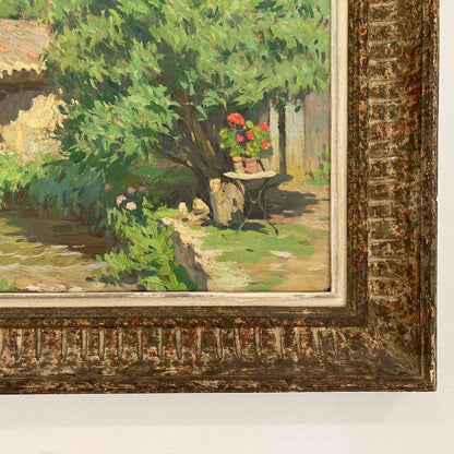 A Summer Garden in France - Medium Antique Original European Impressionist Oil Painting of a French Garden
