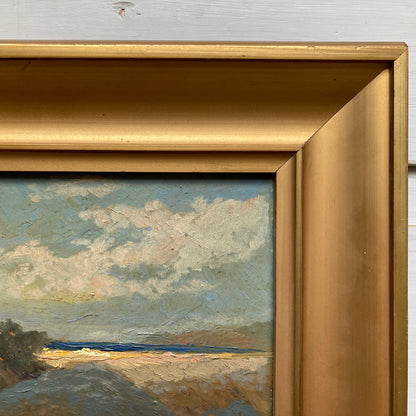 Sunlight on the Shore - Vintage Scandinavian Oil on Board Framed Painting of the Last Sun on a Beach Shoreline