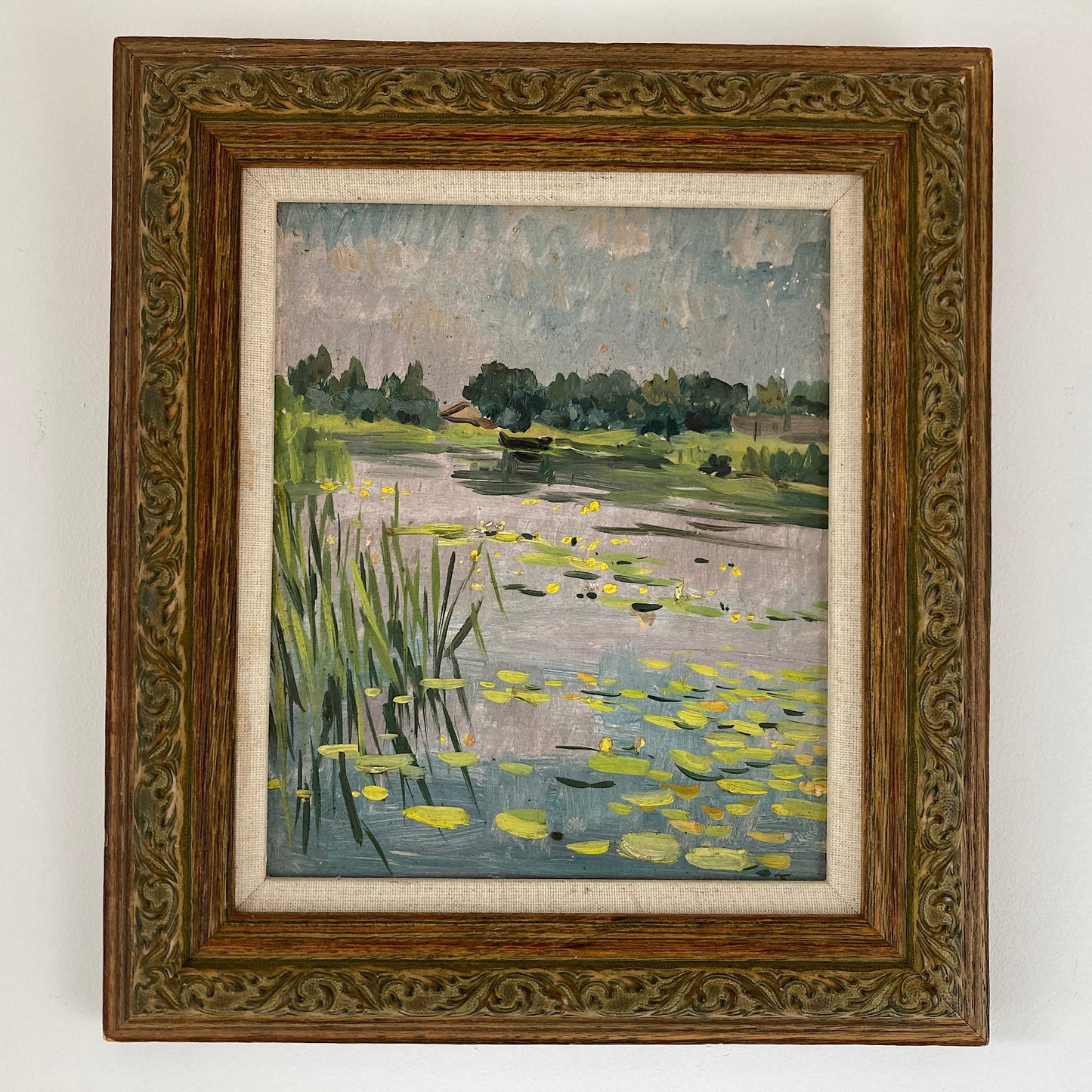 Waterlilies - Small Antique Original European Impressionist Oil Painting of a River Scene