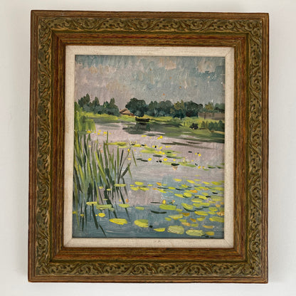 Waterlilies - Small Antique Original European Impressionist Oil Painting of a River Scene