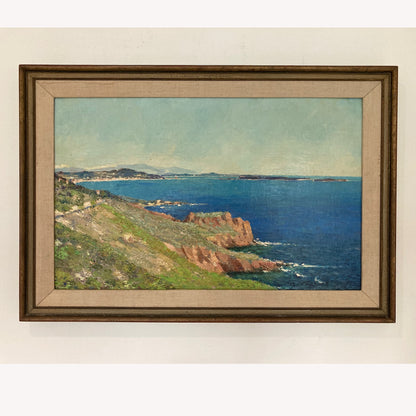 Cote d’Azure - Vintage Oil on Canvas Board Coastline Painting of the Cote d’Azure France Dated 1957