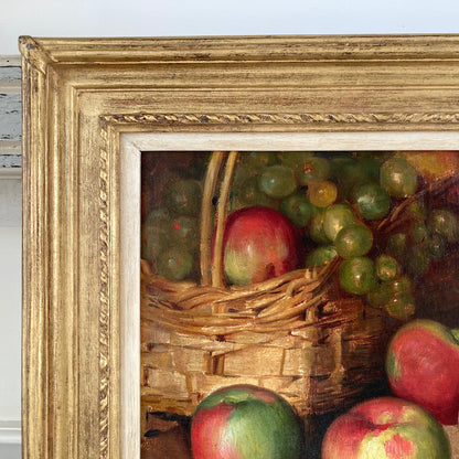 Apples Still Life - A French Original Antique Still Life Oil Painting of Apples and Grapes in a Basket - Framed Original Kitchen Art