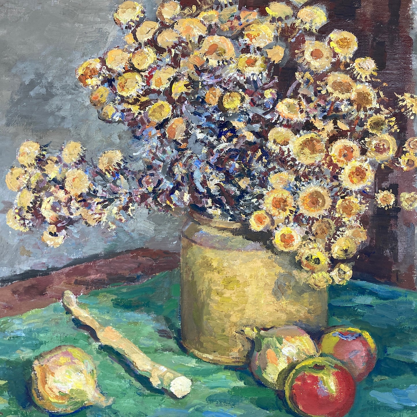 Impressionist Floral Still Life - A Vintage Mid Century European Original Still Life Oil Painting of flowers, fruit and Asparagus