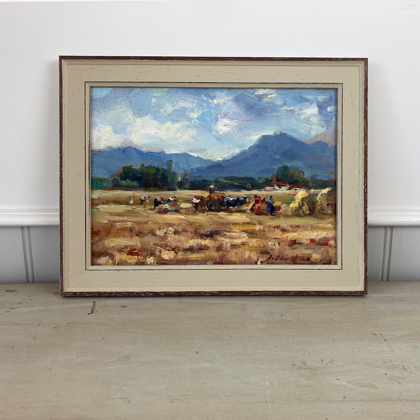 Harvest Time - Small Original Vintage Spanish Oil Painting of a Golden Landscape