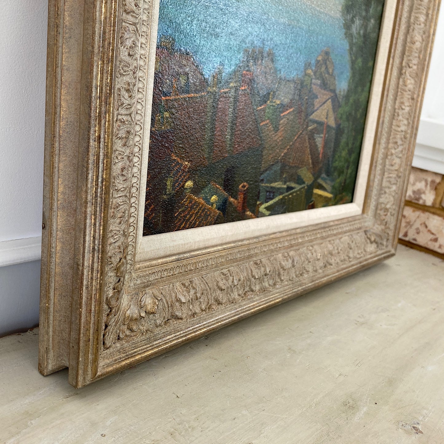 Rooftops to the Sea – British Vintage Oil on Board Framed Painting
