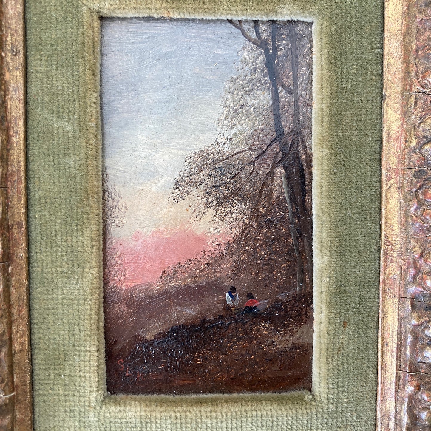 Gathering Wood - Antique Miniature Original Oil Painting - British Artist