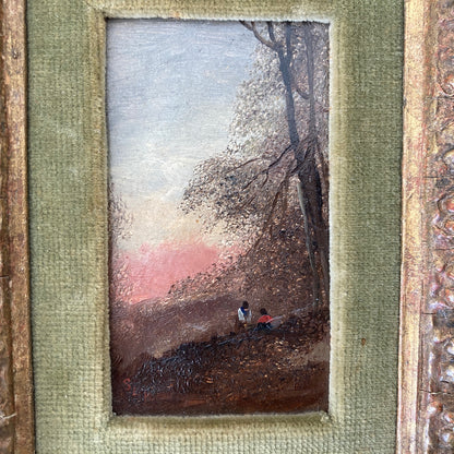 Gathering Wood - Antique Miniature Original Oil Painting - British Artist